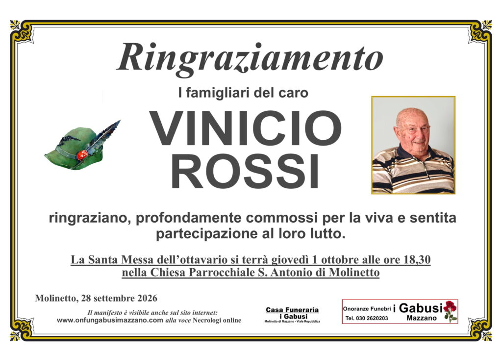 RINGRAZIAMENTO per la partecipazione al lutto e S. Messa Ottavario VINICIO ROSSI