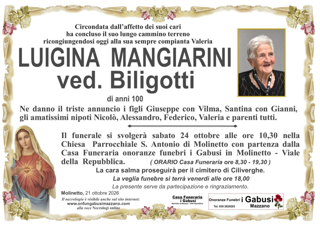 Necrologio LUIGINA MANGIARINI ved. Biligotti